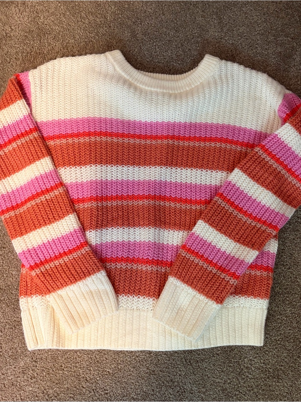 SO Striped Crewneck Sweater in Cream, Pink & Orange